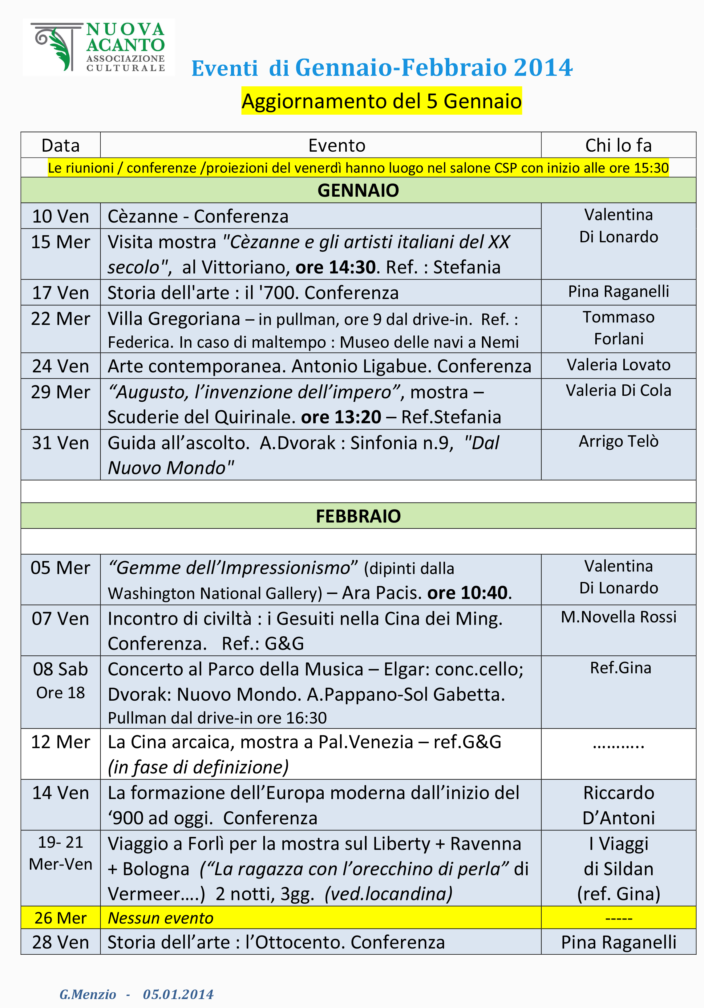 Nuova Acanto calendario